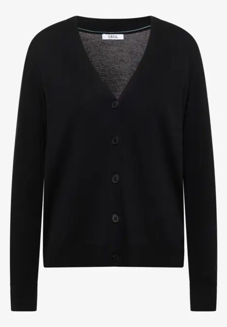Schlichter schwarzer Strickcardigan mit V-Ausschnitt, langen Ärmeln und Knopfleiste.