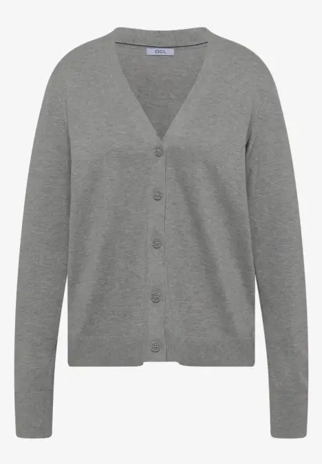 Graue Damenstrickjacke mit V-Ausschnitt, Knopfleiste und langen Ärmeln