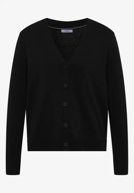 Schwarzer Cardigan mit V-Ausschnitt und Knopfleiste, schlichte, klassische Strickjacke.