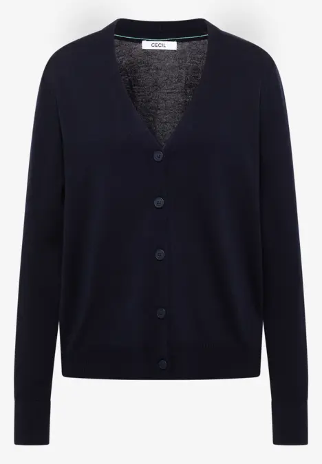 Dunkelblaue Strickjacke mit V-Ausschnitt und Knopfleiste, langärmelig und schlicht geschnitten.