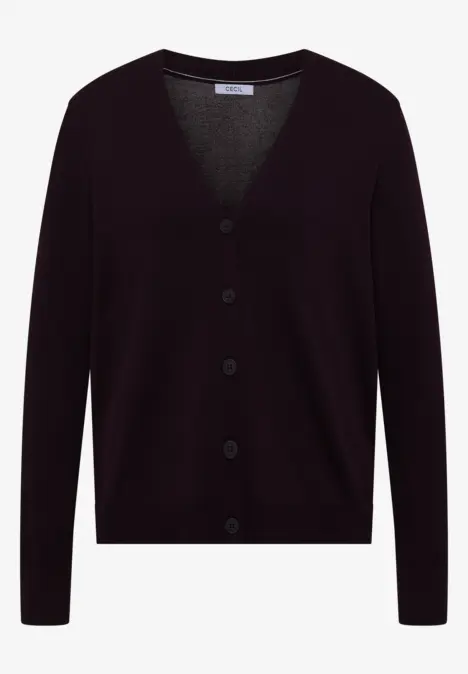 Schwarze Strickjacke mit V-Ausschnitt und Knopfleiste, lange Ärmel und schlichtes Design.