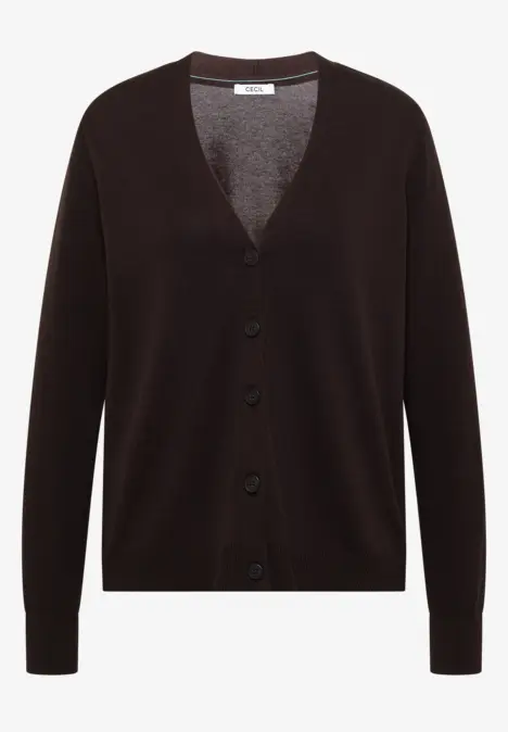 Schwarzer Strick-Cardigan mit V-Ausschnitt, durchgehender Knopfleiste und langen Ärmeln.