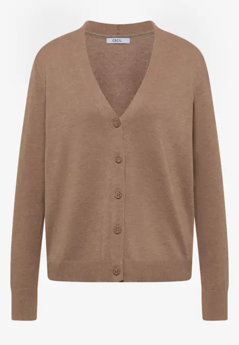 Beige-braune Damen-Cardigan mit V-Ausschnitt, Knopfleiste und langen Ärmeln.