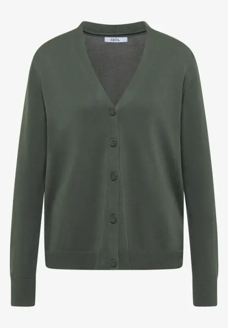 Grüne Strickjacke mit V-Ausschnitt, Knopfleiste und langen Ärmeln.