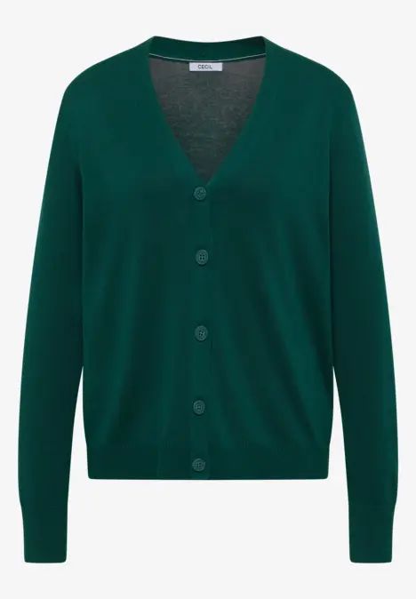 Dunkelgrüne V-Ausschnitt-Strickjacke mit Knöpfen und langen Ärmeln.
