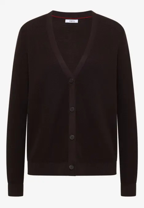 Schwarze Strickjacke mit V-Ausschnitt, langen Ärmeln und Knopfleiste.
