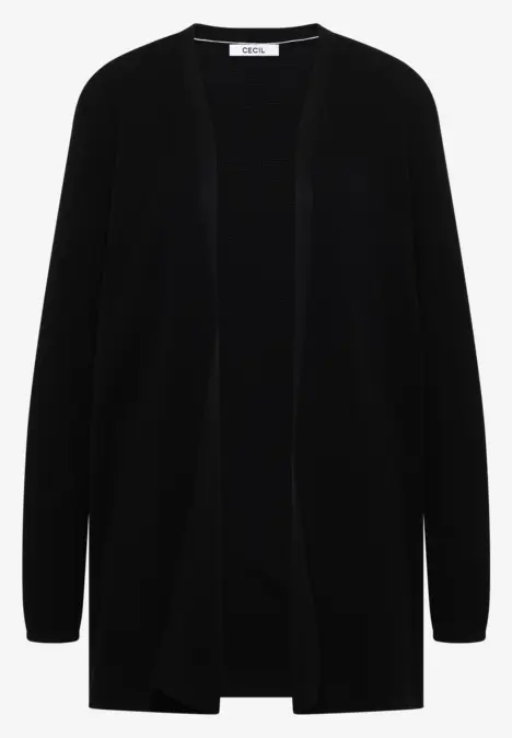 Schwarze, langärmlige Strickjacke mit offenem Schnitt, legerem Fallschnitt und schlichter Optik.