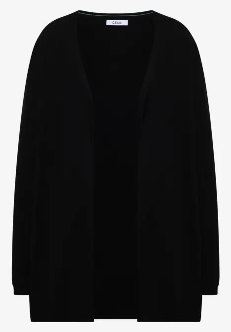 Schwarze offene Strickjacke mit langen Ärmeln und V-Ausschnitt.