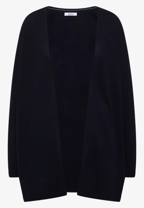 Schwarze, offene Strickjacke mit langen Ärmeln und schlichtem, zeitlosem Design.
