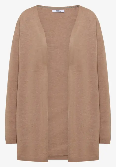 Brauner, offener Strick-Cardigan mit langem Schnitt und lockerem Sitz.