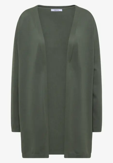 Dunkelgrüne, offene Strickjacke mit langem Schnitt und langen Ärmeln.