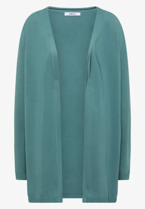 Locker fallende, offene Strickjacke in petrolblau