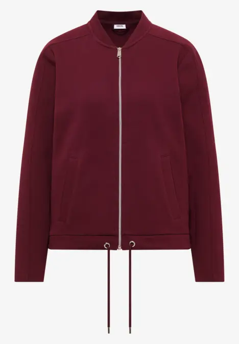 Bordeauxrotes Reißverschluss-Jacke mit Stehkragen und Kordelzug am Saum.