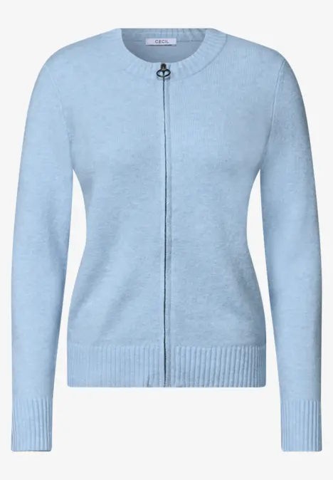 Lichtblauw vest met rits, ronde hals en lange mouwen.