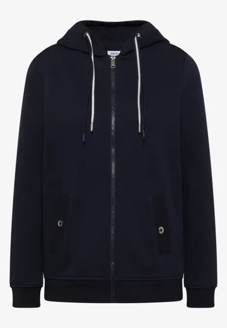 Dunkelblaue Kapuzenjacke mit Reißverschluss, Kängurutaschen und Kordelzug