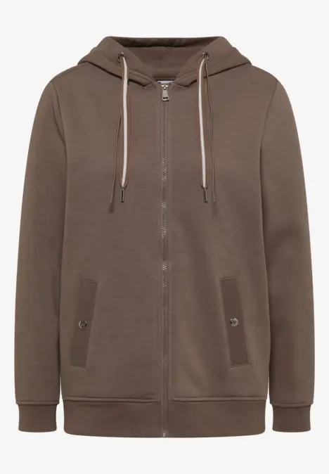 Braune Kapuzenjacke mit Reißverschluss, seitlichen Taschen und Kordelzug, sportlich und lässig.
