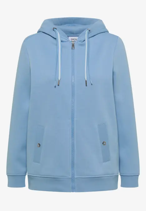 Hellblauer Kapuzenpullover mit Reißverschluss, Kängurutaschen und Kordeln.