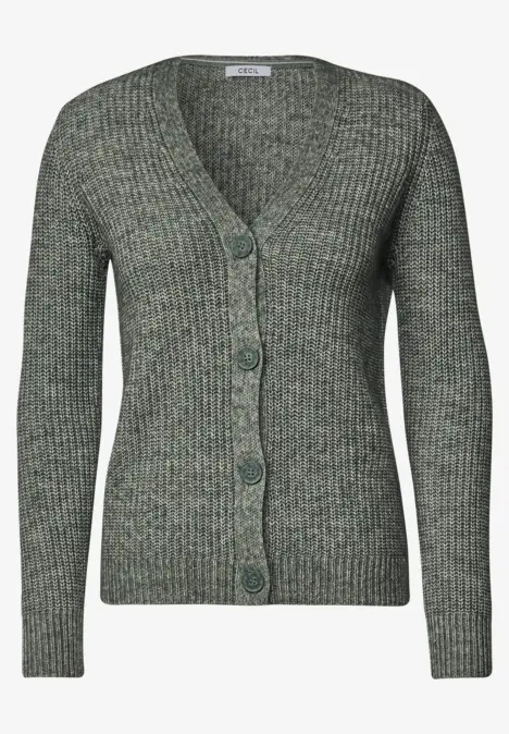 Graugrüne, langärmlige Strick-Cardigan aus Rippstrick mit V-Ausschnitt und Frontknöpfen.