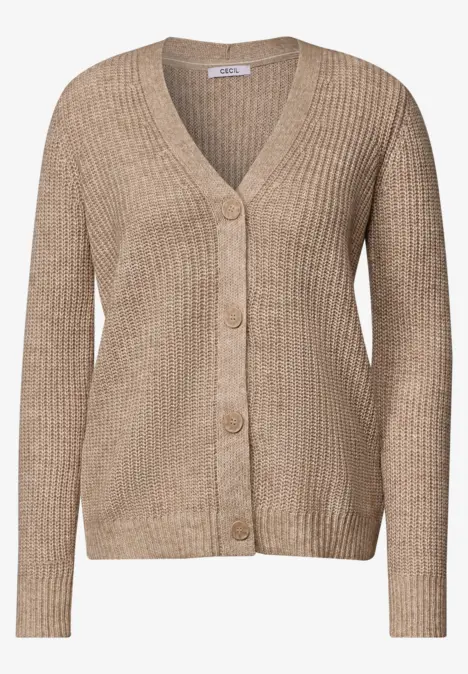 Beige Strickjacke mit langen Ärmeln, V-Ausschnitt und Knopfleiste