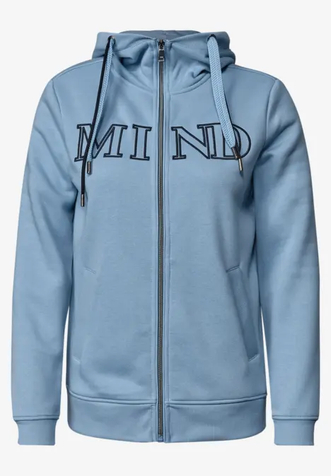 Leichte, hellblaue Kapuzenjacke mit Reißverschluss und Aufdruck "MIND".