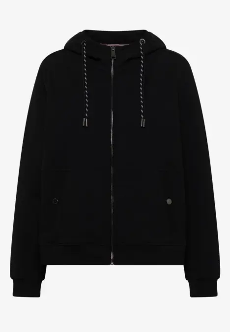 Schwarze Kapuzenjacke mit Reißverschluss, Kordelzug und aufgesetzten Taschen, lässig und vielseitig.