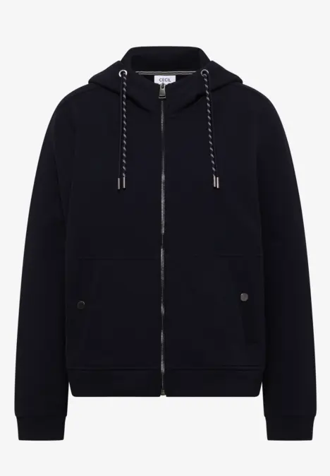 Schwarzer Kapuzenpullover mit Reißverschluss, Kängurutaschen und kontrastierenden Zugbändern.