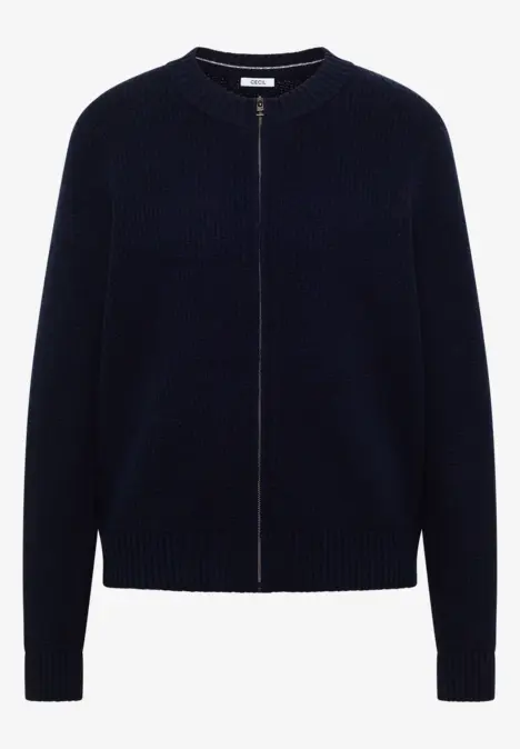 Dunkelblauer, schlichter Strickcardigan mit Reißverschluss und Rundhalsausschnitt.