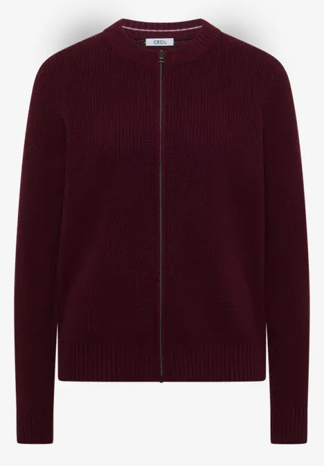 Dunkelrotes, fein geripptes Zip-Cardigan mit Rundhals und durchgehendem Reißverschluss