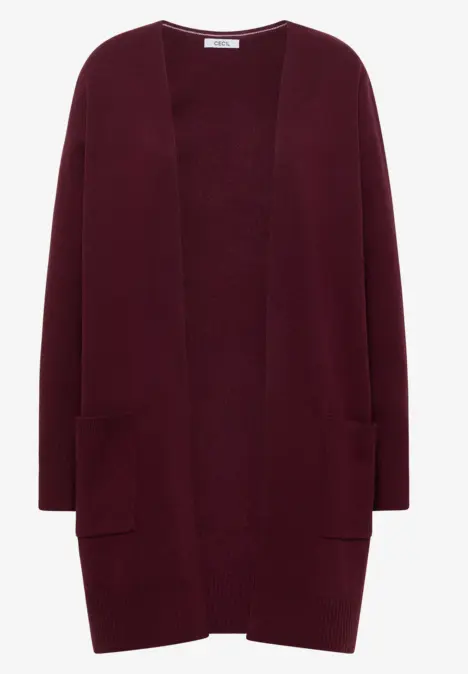 Gilet en maille bordeaux, coupe ouverte, manches longues et poches appliquées.
