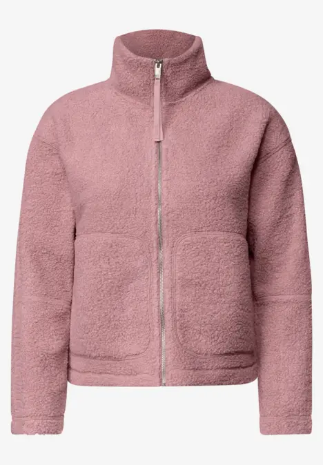 Rosafarbene Teddy-Fleece-Jacke mit durchgehendem Reißverschluss und Stehkragen.