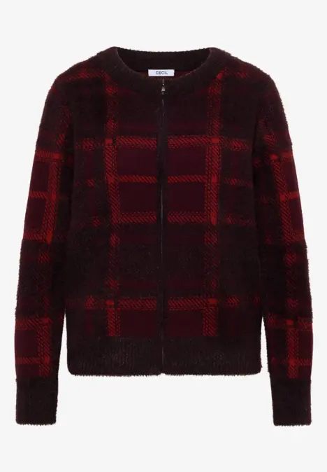 Rote-schwarze Strickjacke mit Karomuster und Reißverschluss, langärmlig