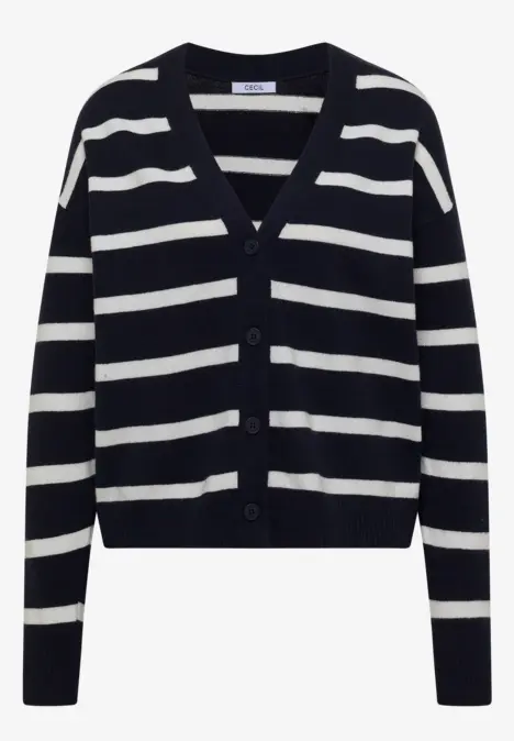 Dunkelblaue Strickjacke mit weißen Streifen und Knöpfen vorne.