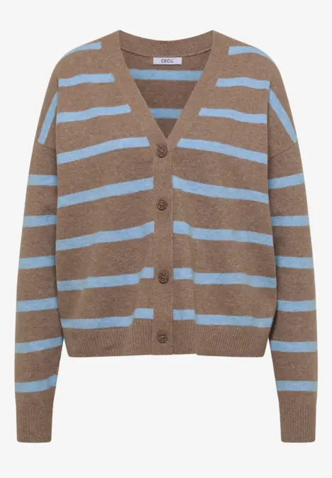 Brauner Cardigan mit hellblauen Streifen und V-Ausschnitt.