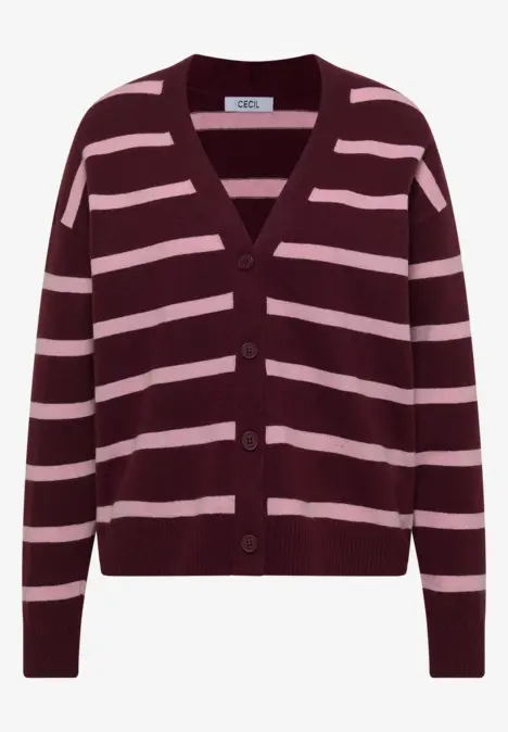Damen-Strickjacke in Burgunderrot mit hellrosa Querstreifen, V-Ausschnitt und Knopfleiste.
