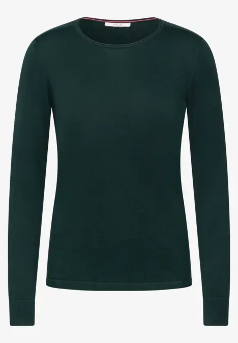 Dunkelgrüner, langärmliger Damenpullover mit rundem Ausschnitt.