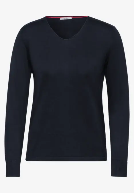 Dunkelblauer Pullover mit V-Ausschnitt und langen Ärmeln.