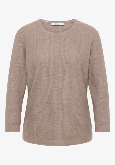 Beiger Pullover mit langen Ärmeln und Rundhalsausschnitt.