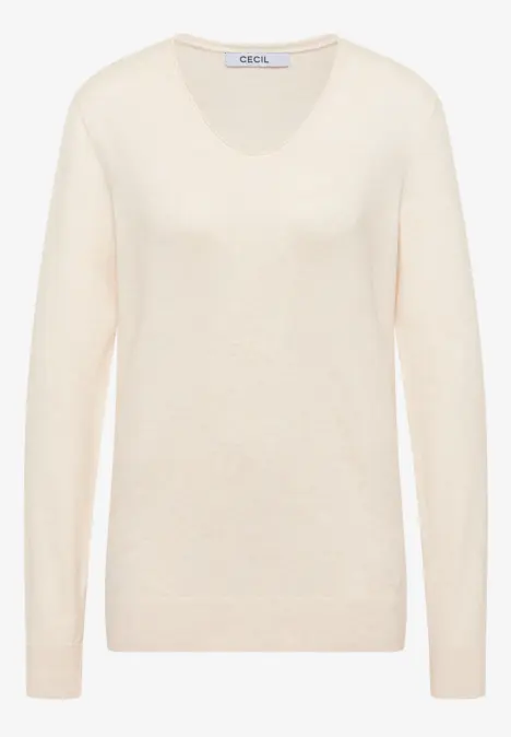 Beiger Pullover mit V-Ausschnitt und langen Ärmeln.
