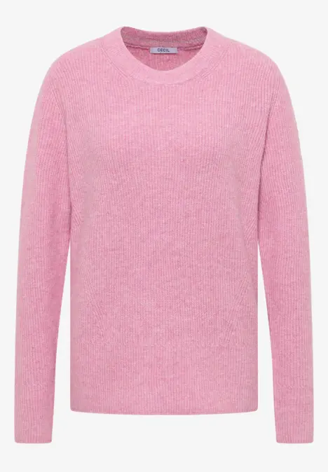 Rosa Strickpullover mit langen Ärmeln und Rundhalsausschnitt.