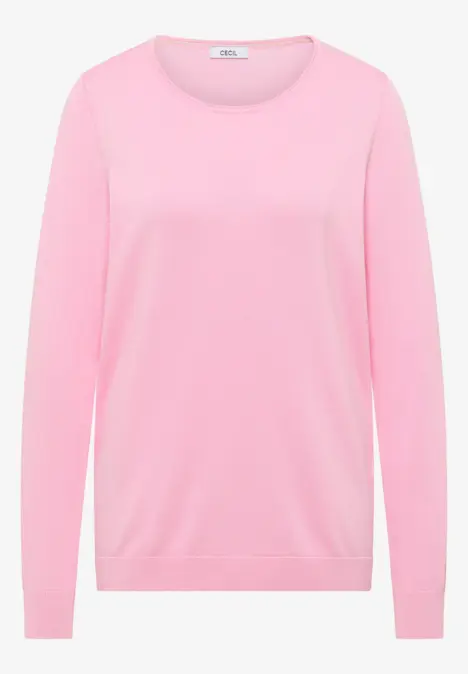 Ein schlichter, rosa Damenpullover mit Rundhalsausschnitt und langen Ärmeln.