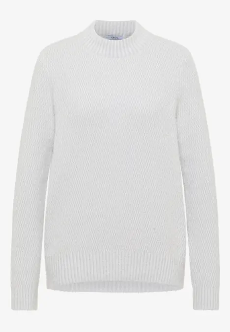 Weißer, strukturierter Strickpullover mit Rundhalsausschnitt und langen Ärmeln.