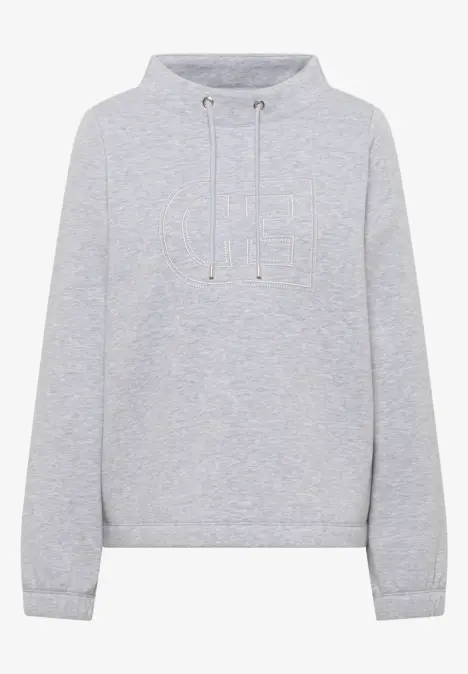 Sweat à capuche gris avec cordon, manches longues et bords-côtes.