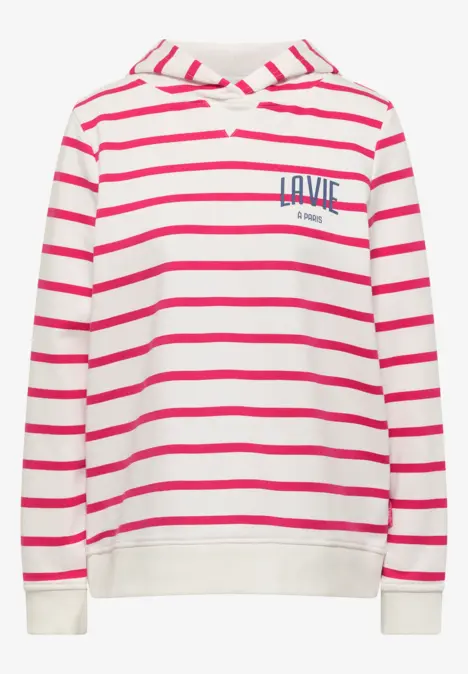 Weiß-rosa gestreifter Kapuzenpullover mit Logo auf der Brust.