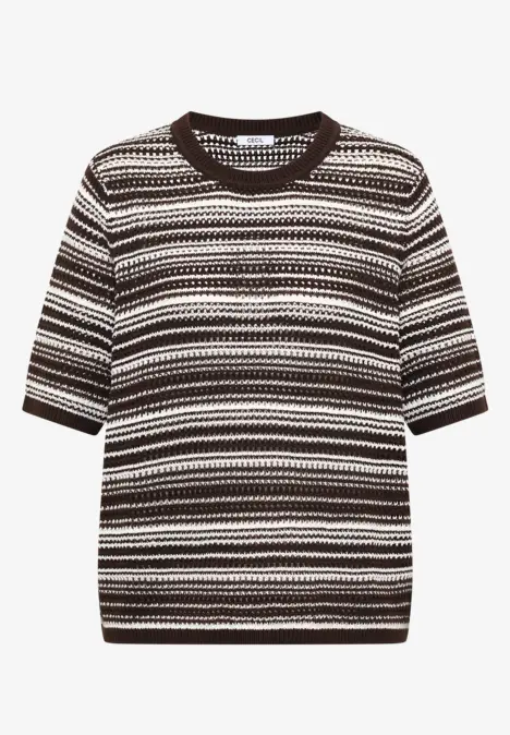 Kurzärmliges Strickshirt mit schwarzen und weißen Blockstreifen und Rundhalsausschnitt.