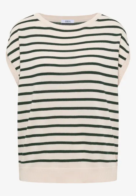 Mouwloos beige top met zwarte, horizontale strepen, casual stijl.