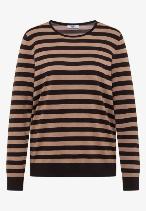 Ein Pullover mit braunen und schwarzen Querstreifen, Rundhalsausschnitt und langen Ärmeln.