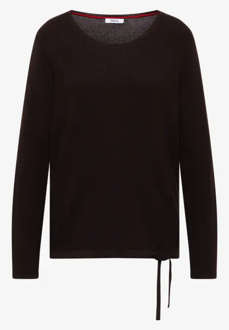 Schlichter schwarzer Pullover mit Rundhalsausschnitt und zartem seitlichem Tunnelzug.