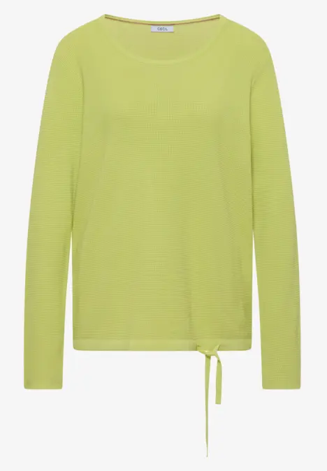 Hellgrünes Langarmshirt mit rundem Halsausschnitt und seitlicher Kordelbindung am Saum