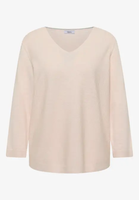 Beiger V-Ausschnitt-Pullover mit langen Ärmeln, lockerer Passform aus weichem Strick.