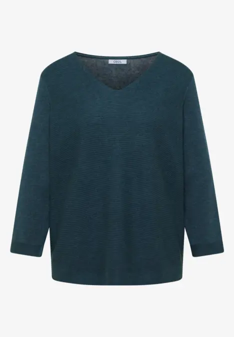 Dunkeltürkiser Pullover mit V-Ausschnitt und 3/4-Ärmeln.